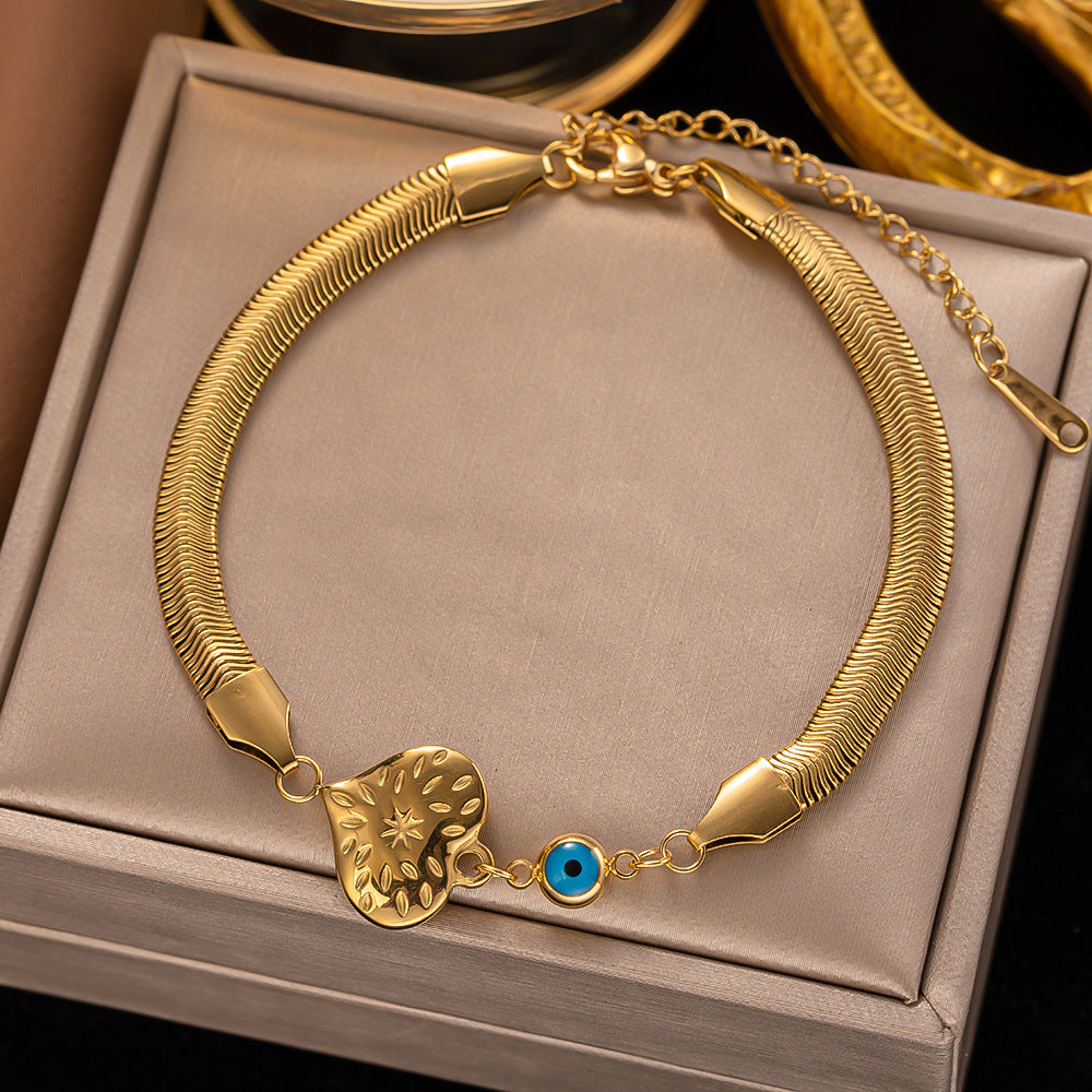 Gold Titanium Steel Snake Bone Heart Evil Eye Bracelet