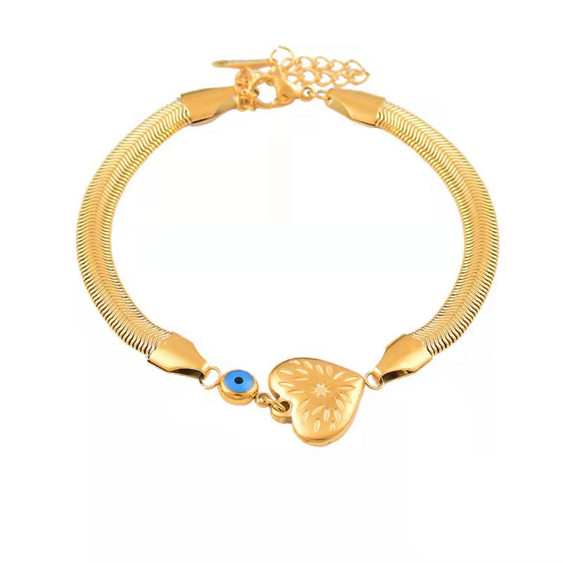 Gold Titanium Steel Snake Bone Heart Evil Eye Bracelet
