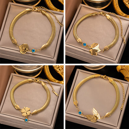 Gold Titanium Steel Snake Bone Heart Evil Eye Bracelet